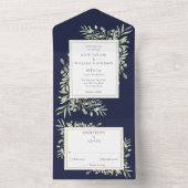 Botanische Grünpflanzen Blätter Navy Blue Wedding All In One Einladung (Innen Boden)