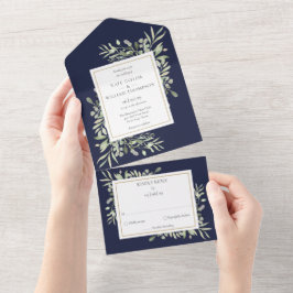 Botanische Grünpflanzen Blätter Navy Blue Wedding All In One Einladung