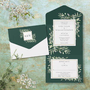 Botanische Grünpflanzen Blätter Smaragd-Hochzeit All In One Einladung