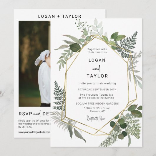 Botanische Grünpflanzen Boho Gold Frame QR Code Fo Einladung (Vorne/Hinten)