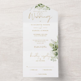 Botanische Grünpflanzen Elegant Gold Monogram Wedd All In One Einladung