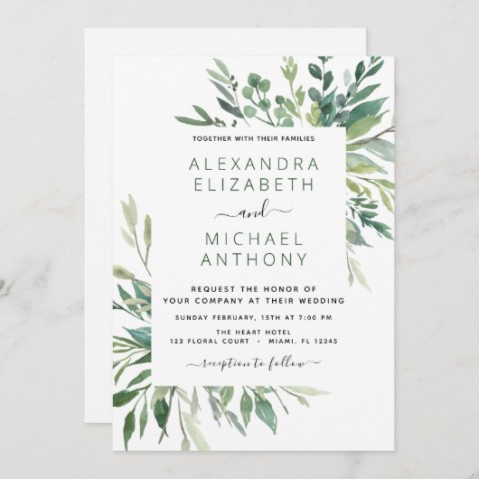 Botanische Grünpflanzen Foliage Wasserfarbe Hochze Einladung (Vorne/Hinten)