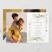Botanische Grünpflanzen-Fotos Gold-Script-Hochzeit Einladung (Vorne/Hinten)