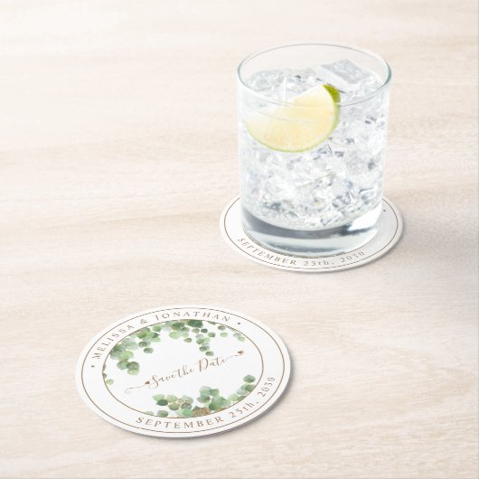 Botanische Grünpflanzen Gold Hochzeit retten Datum Runder Pappuntersetzer (Vor Ort)