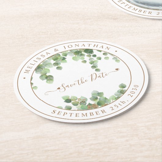 Botanische Grünpflanzen Gold Hochzeit retten Datum Runder Pappuntersetzer (Angewinkelt)