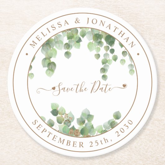 Botanische Grünpflanzen Gold Hochzeit retten Datum Runder Pappuntersetzer (Vorderseite)