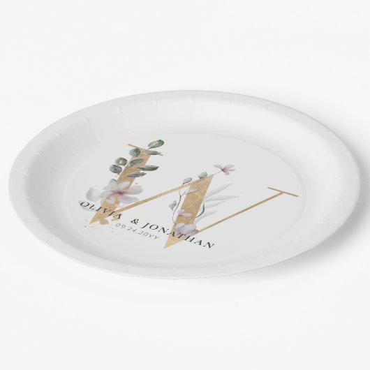 Botanische Grünpflanzen Gold Hochzeitszettel Pappteller (Schrägansicht)