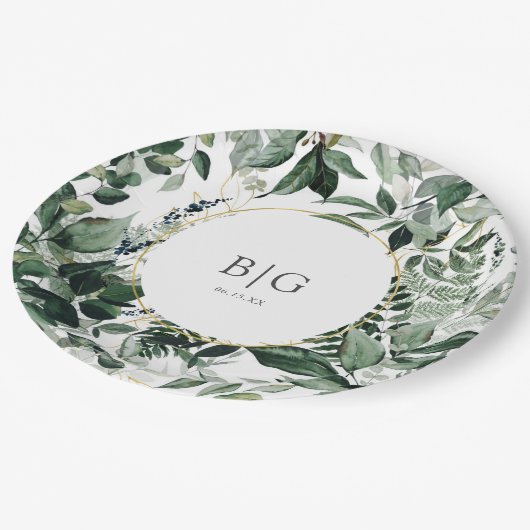 Botanische Grünpflanzen Hochzeit Pappteller (Schrägansicht)