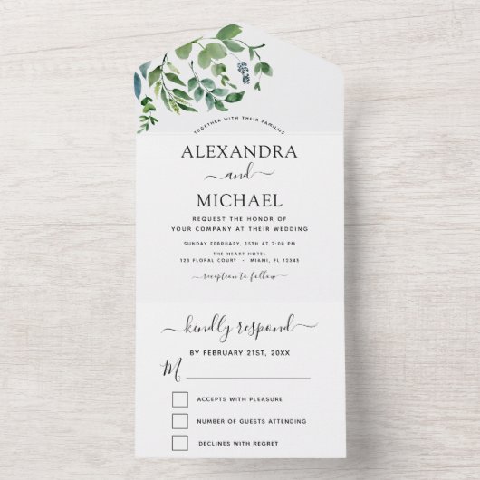 Botanische Grünpflanzen Hochzeit RSVP Budget All In One Einladung (Innen Boden)