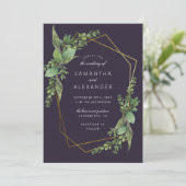 Botanische Grünpflanzen Lila & geometrische Hochze Einladung (Stehend Vorderseite)