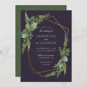 Botanische Grünpflanzen Lila & geometrische Hochze Einladung (Vorne/Hinten)