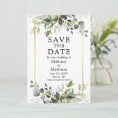 Botanische Grünpflanzen mit Aquarellfarbe Gold Rah Save The Date (Stehend Vorderseite)