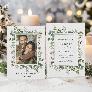Botanische Grünpflanzen Winterhochzeit Foto Grün Save The Date
