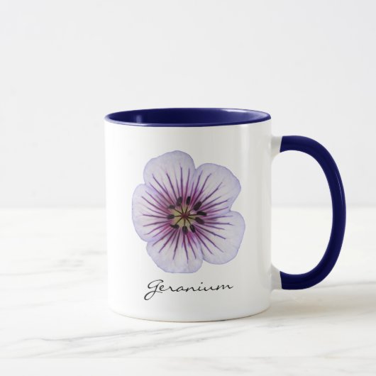 Botanische hellblaue Pelargonie-Blume mit Namen Tasse (Rechts)