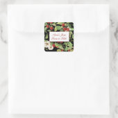 Botanische Himbeeren auf schwarzem Hintergrund Quadratischer Aufkleber (Tasche)