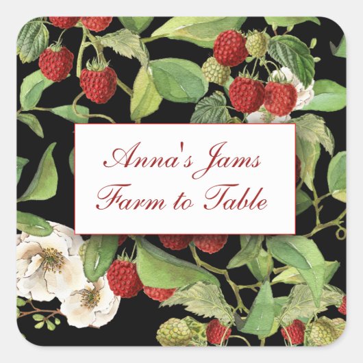 Botanische Himbeeren auf schwarzem Hintergrund Quadratischer Aufkleber (Vorderseite)