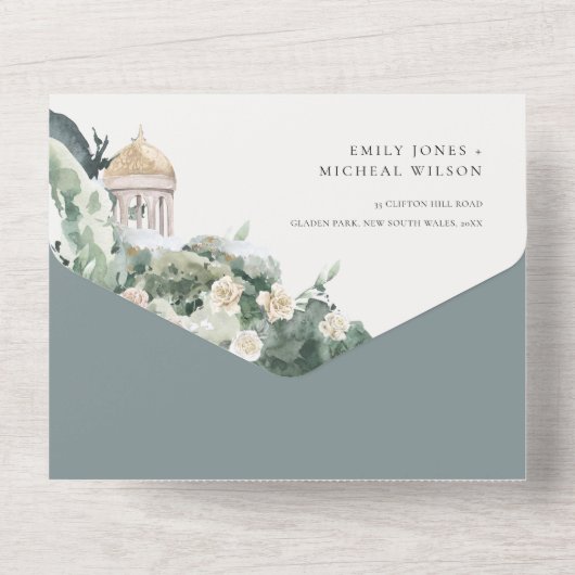 Botanische Hochzeit am Küstenstrand All In One Einladung (Rückseite)