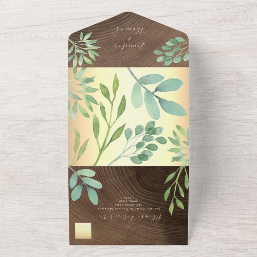 Botanische Hochzeit aus rustikalem Holz All In One Einladung (Außenbereich)