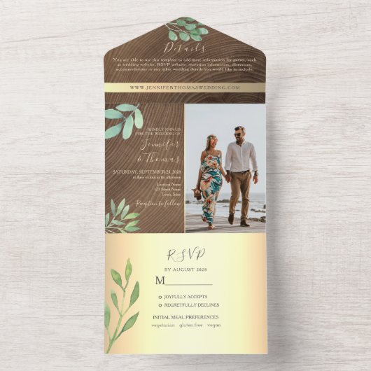 Botanische Hochzeit aus rustikalem Holz All In One Einladung (Innen Boden)