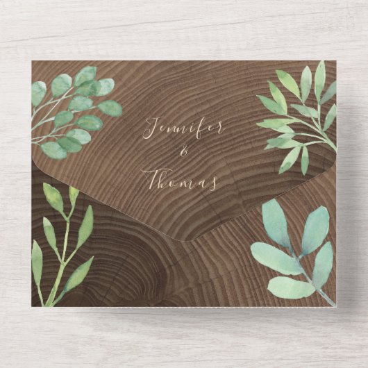 Botanische Hochzeit aus rustikalem Holz All In One Einladung (Rückseite)