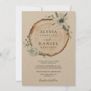 Botanische Hochzeit aus rustikalem Holz Einladung