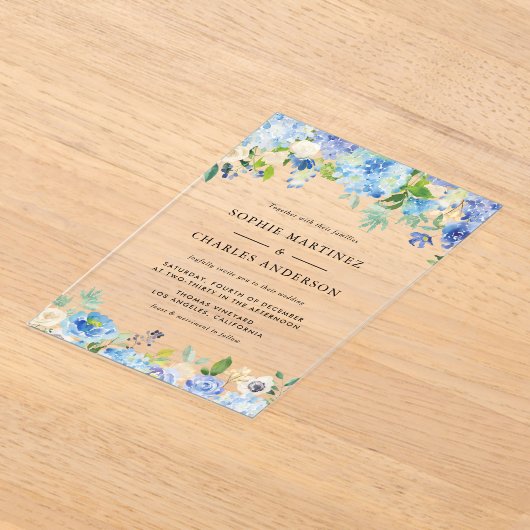 Botanische Hochzeit: Blaues Hydrangea Acryleinladungen (Ablage )