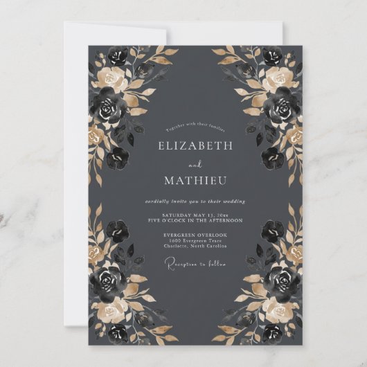 Botanische Hochzeit Charcoal Rose Einladung (Vorderseite)