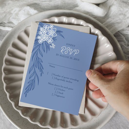 Botanische Hochzeit der blauen Marine RSVP Karte