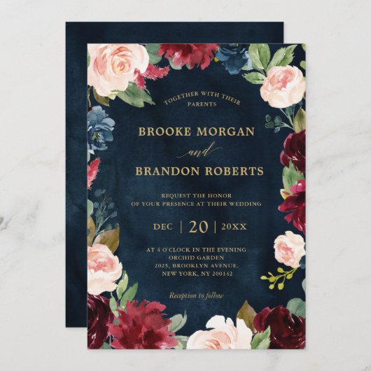 Botanische Hochzeit der Burgund Navy Blush Floral Einladung (Vorne/Hinten)