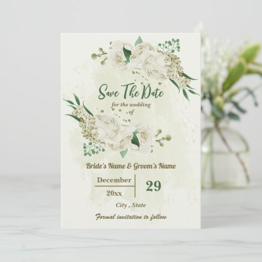 Botanische Hochzeit der Elfenbeinweißen Blume Save The Date (Stehend Vorderseite)