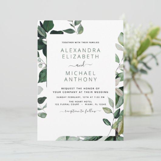 Botanische Hochzeit der grünen Foliage Einladung (Stehend Vorderseite)