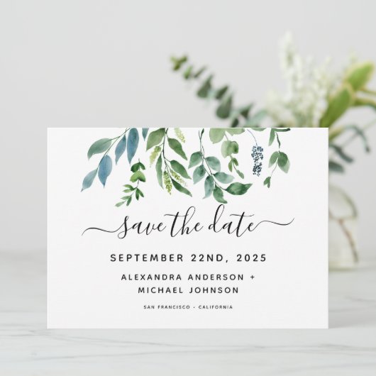 Botanische Hochzeit der grünen Foliage Save The Date (Stehend Vorderseite)