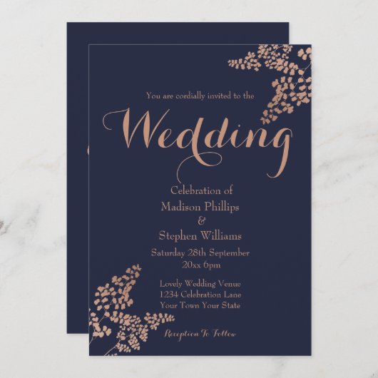 Botanische Hochzeit der Navy in Blau und Rose Einladung (Vorne/Hinten)