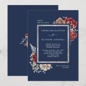 Botanische Hochzeit der Rote Rose Navy Blue Burgun Einladung (Vorne/Hinten)