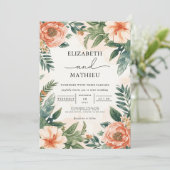 Botanische Hochzeit des Peach Coral Blüh Einladung (Stehend Vorderseite)