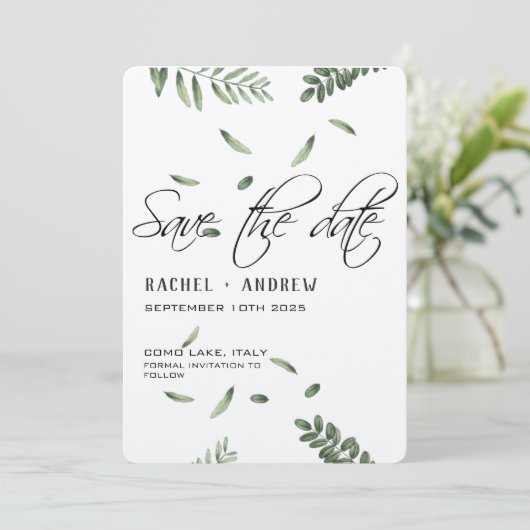 Botanische Hochzeit elegantes Skript modern einfac Save The Date (Stehend Vorderseite)