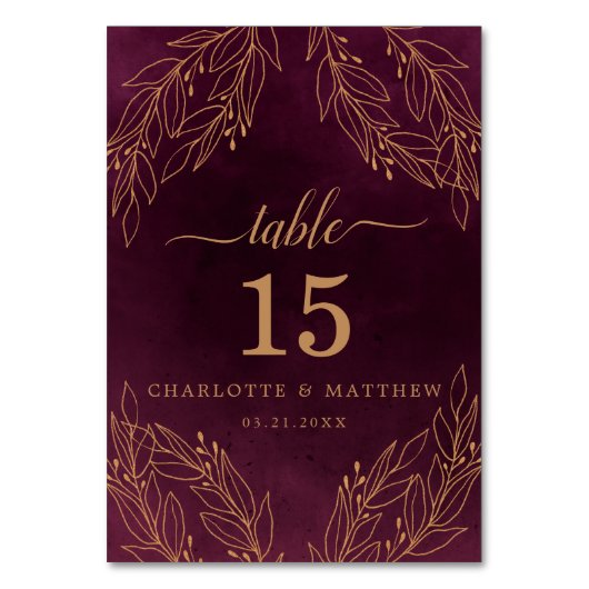Botanische Hochzeit im eleganten Burgund und Gold Tischnummer (Rückseite)