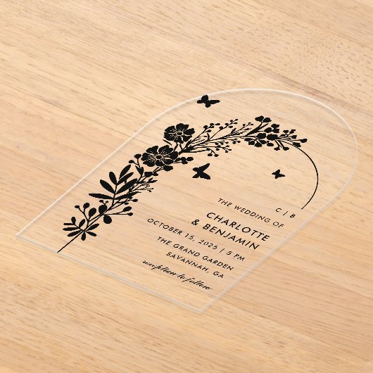 Botanische Hochzeit im eleganten Schwarzen Schmett Acryleinladungen (Ablage )