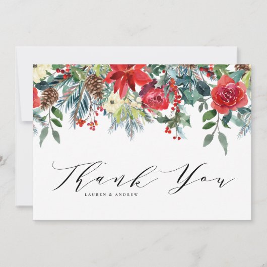 Botanische Hochzeit im Wasserfarben Winter Blooms Dankeskarte (Vorderseite)