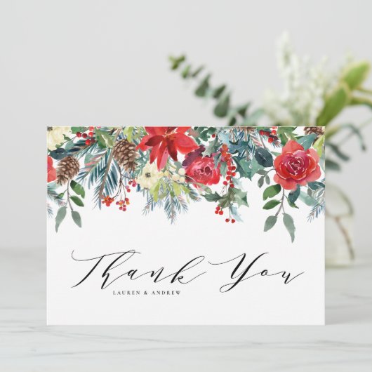 Botanische Hochzeit im Wasserfarben Winter Blooms Dankeskarte (Stehend Vorderseite)