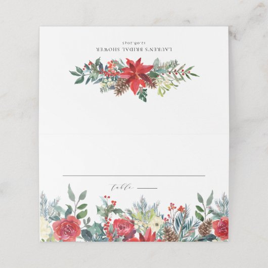Botanische Hochzeit im Wasserfarben Winter Blooms Platzkarte (Außenseite Aufgefaltet)