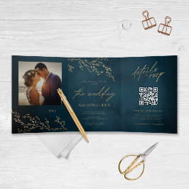 Botanische Hochzeit in Blau und Gold Dreifach Gefaltete Einladung