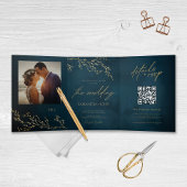 Botanische Hochzeit in Blau und Gold Dreifach Gefaltete Einladung