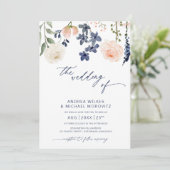 Botanische Hochzeit in Blau und Pfirsich Einladung (Stehend Vorderseite)