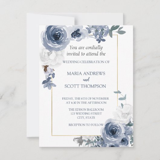 Botanische Hochzeit in blau-weißem Blütengold Einladung (Vorderseite)