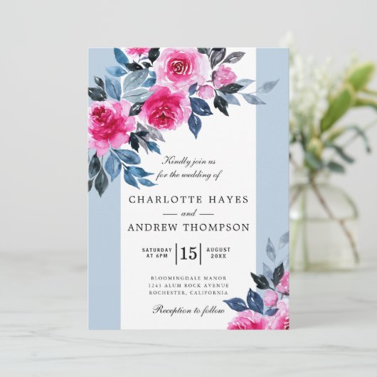 Botanische Hochzeit in Blaupink Einladung (Stehend Vorderseite)