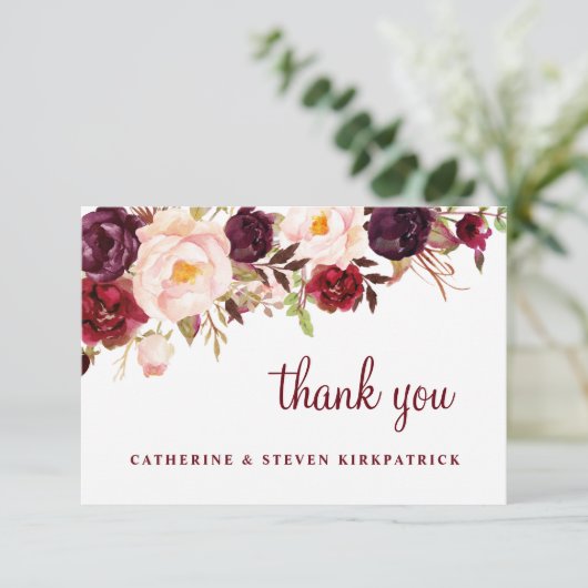 Botanische Hochzeit in Burgund und Rosa Dankeskarte (Stehend Vorderseite)