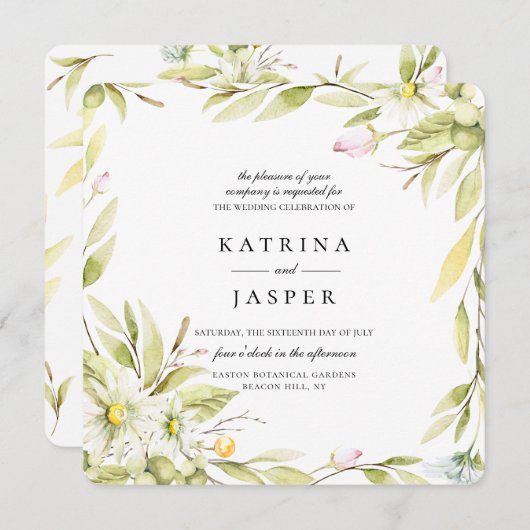Botanische Hochzeit in der eleganten Sommer-Wildbl Einladung (Vorne/Hinten)