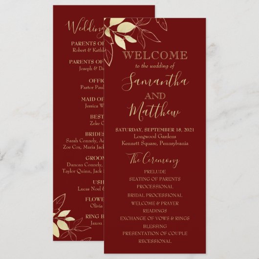 Botanische Hochzeit in dunkelrot & goldblättern Programm (Vorne/Hinten)