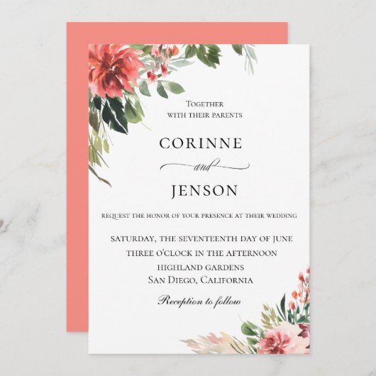 Botanische Hochzeit in Korallen Einladung (Vorne/Hinten)